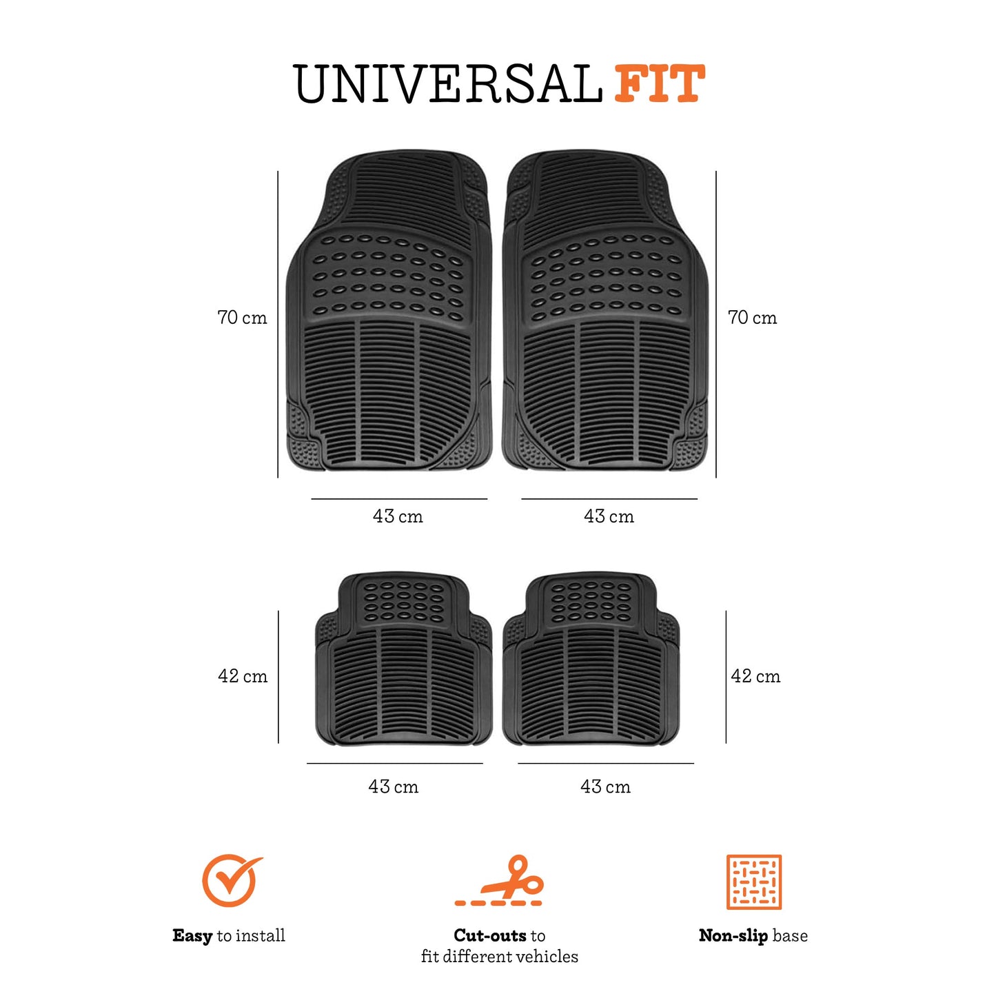 Universal Car Mats 4-Piece Set (2 Front Mats and 2 Rear Mats), Non Slip Mats, Flexible PVC Rubber Car Mats, Cut-to-Size, Easy to Clean