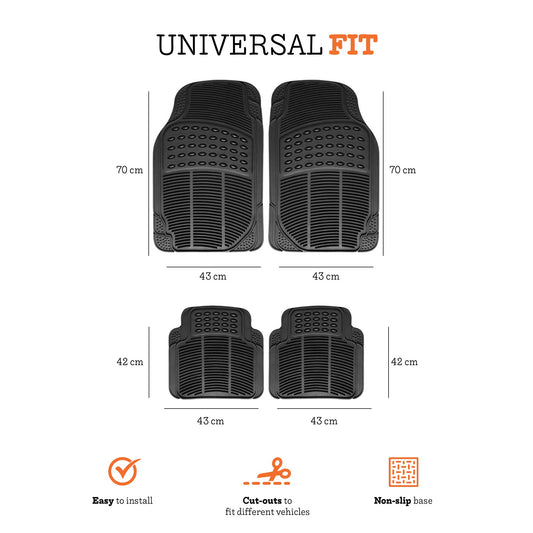 Universal Car Mats 4-Piece Set (2 Front Mats and 2 Rear Mats), Non Slip Mats, Flexible PVC Rubber Car Mats, Cut-to-Size, Easy to Clean